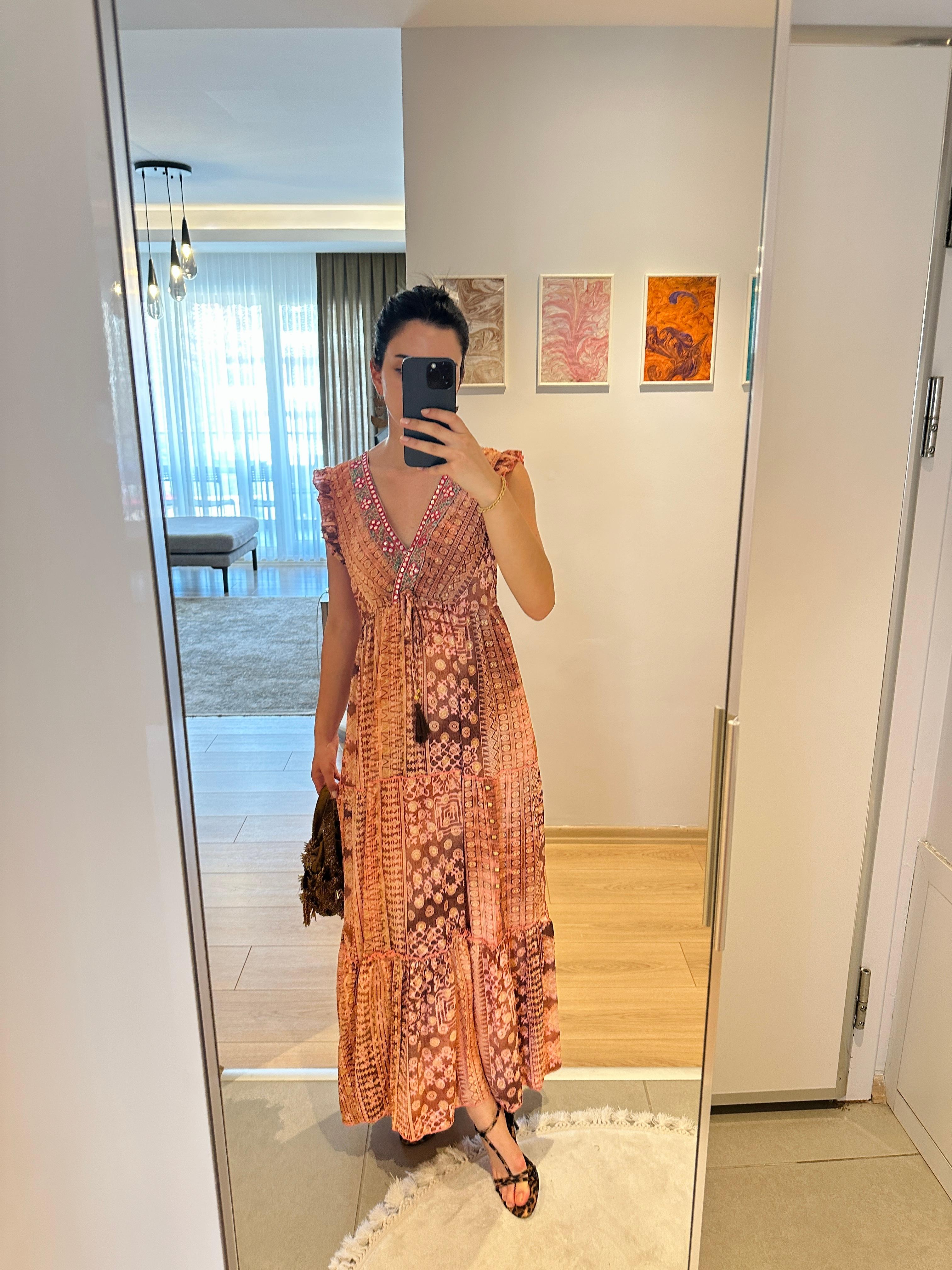 Bohem Nakışlı Uzun Elbise - Pembe