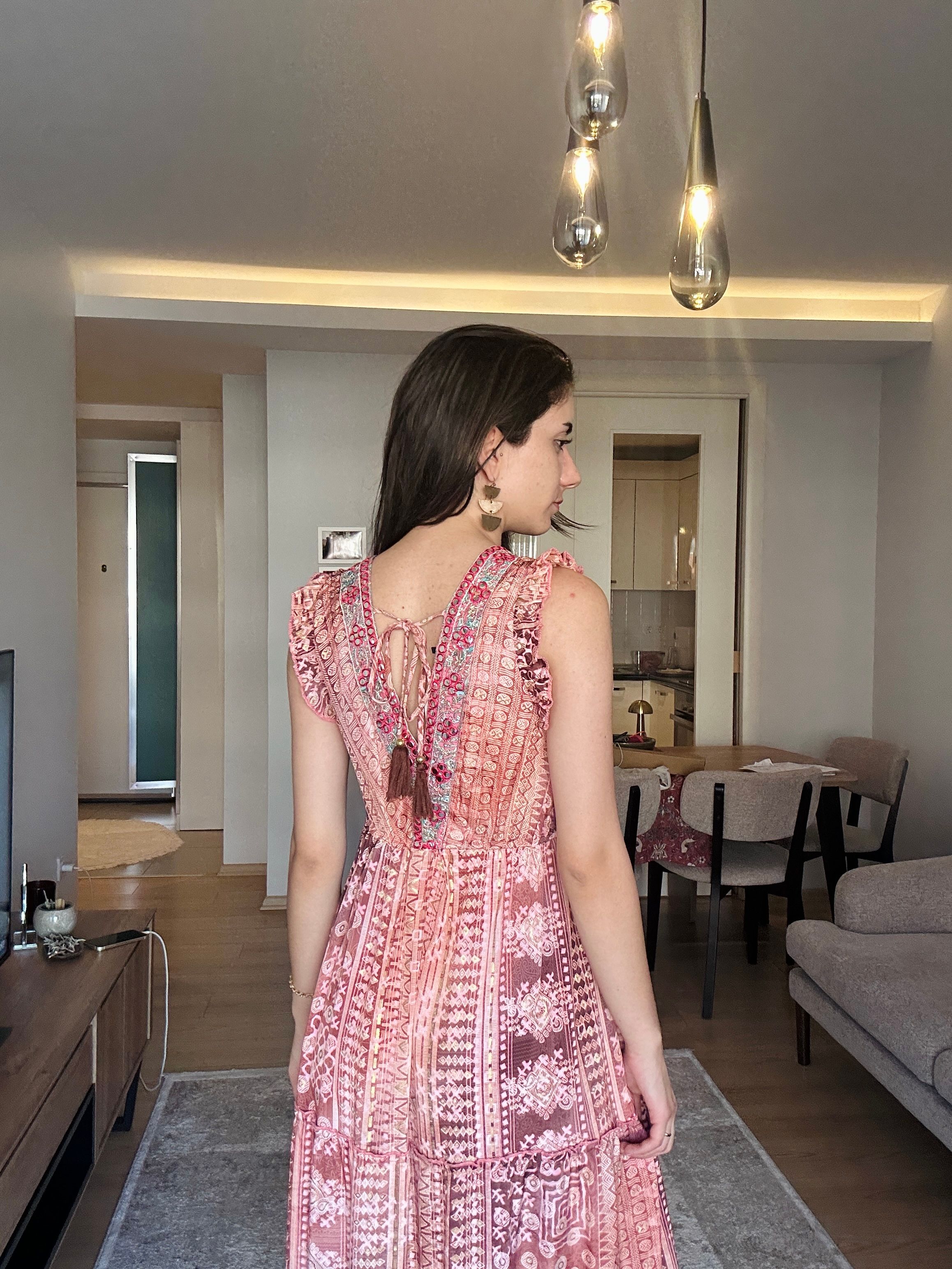 Bohem Nakışlı Uzun Elbise - Pembe