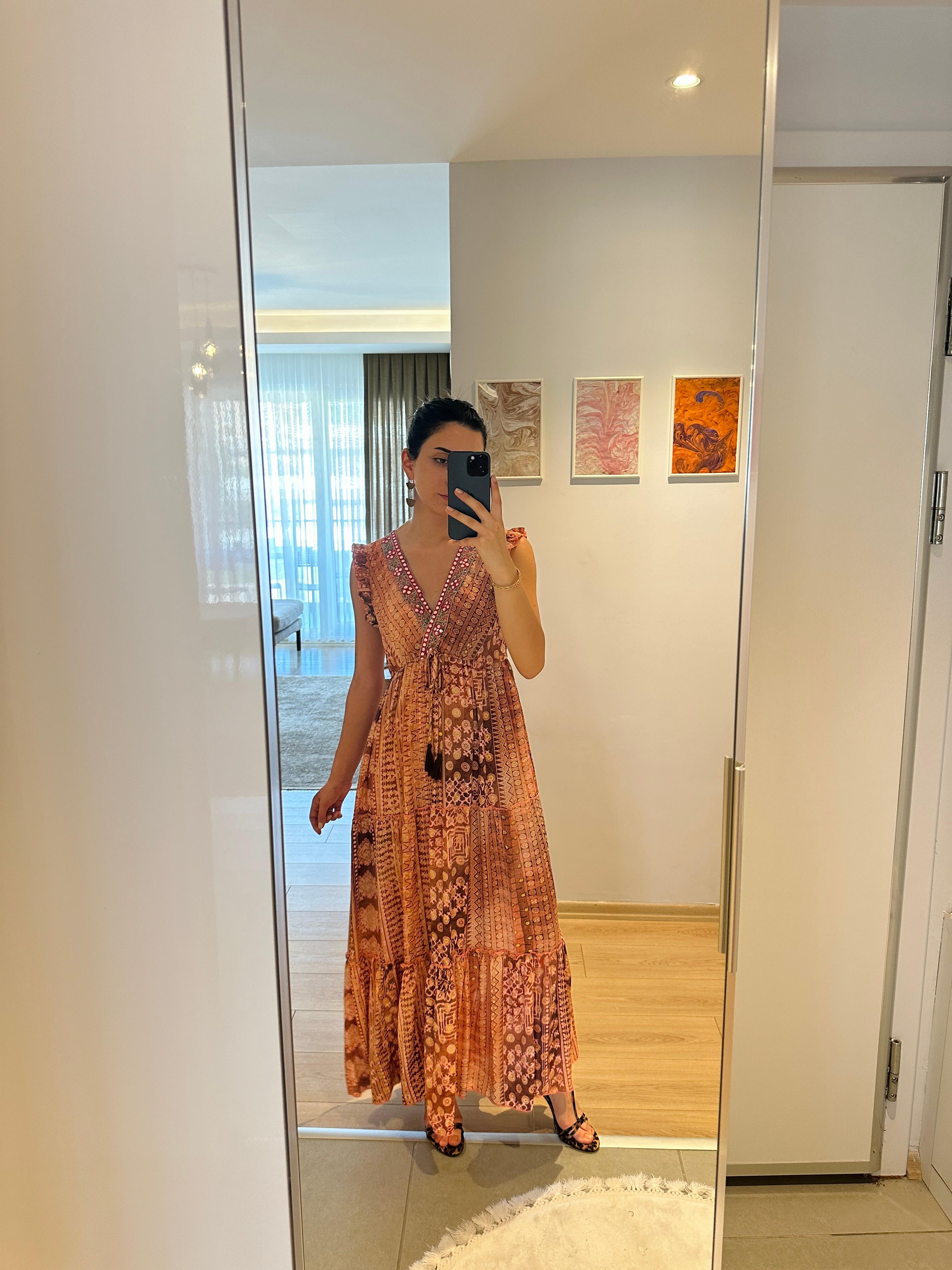 Bohem Nakışlı Uzun Elbise - Pembe