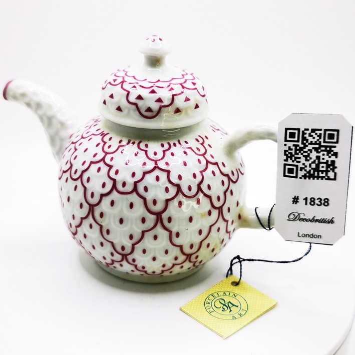 Porcelain Art Vintage Miniature Red and White Patterned Porcelain Teapot - Collectible