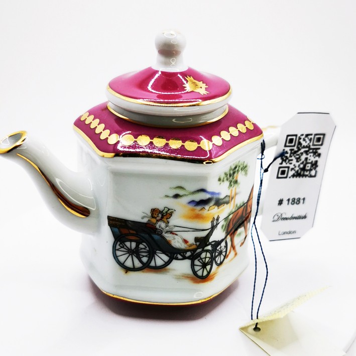 Hand-Painted Vintage Miniature Porcelain Teapot - Cart Pattern Nostalgic Collectible Object