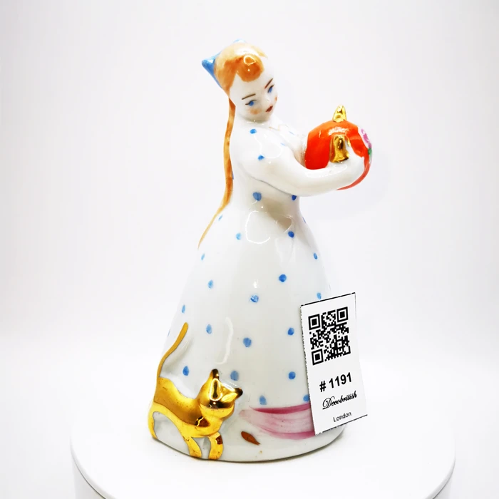 Vintage USSR Dulevo Girl with Teapot and Cat Figurine