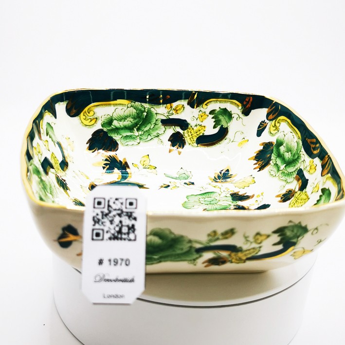 Vintage Mason's Langon Green Flower Patterned Porcelain Bowl - English Antique