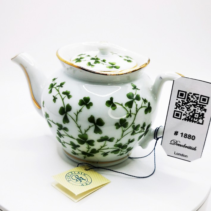 Hand-Painted Vintage Miniature Porcelain Teapot - Green Clover Pattern Nostalgic Collectible