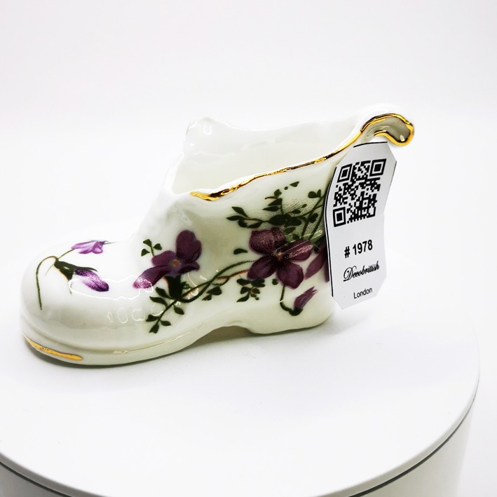 Vintage Hammersley English Porcelain Purple Flower Patterned Shoe Figurine - Collectible Decorative Object