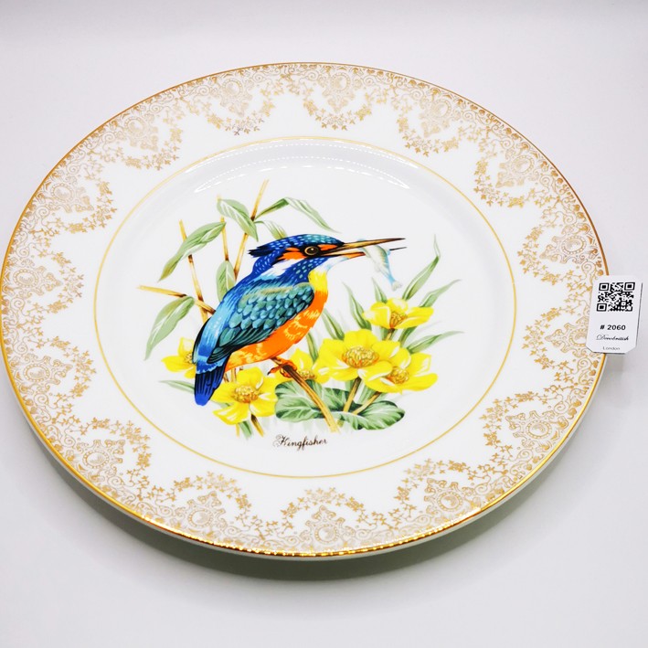 Vintage İngiliz Porselen Yalı Çapkını Kuşlu Duvar Tabağı - Çiçek Desenli Koleksiyonluk Antika