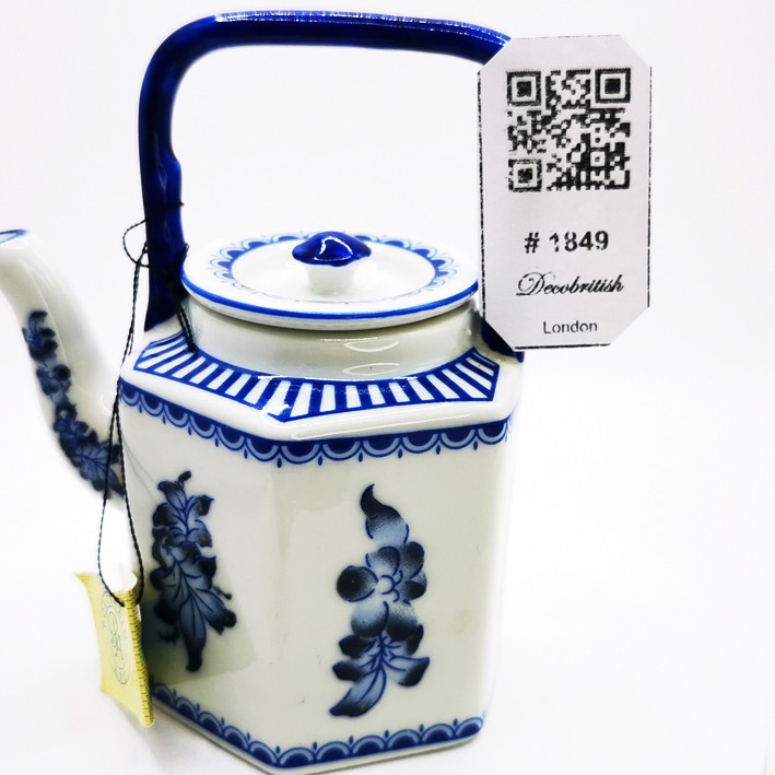 Vintage Porcelain Art Miniature White and Blue Floral Patterned Hexagonal Teapot