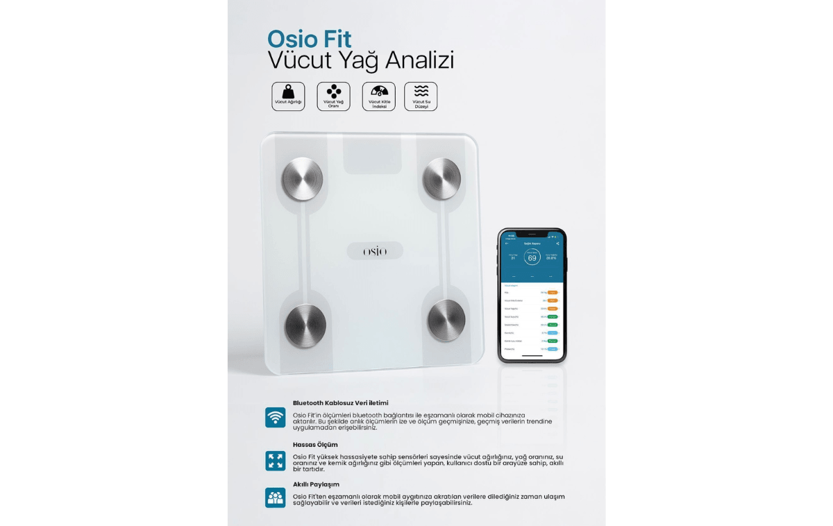 Osio Fit Vücut Yağ Analiz Özellikli Akıllı Bluetooth Tartı