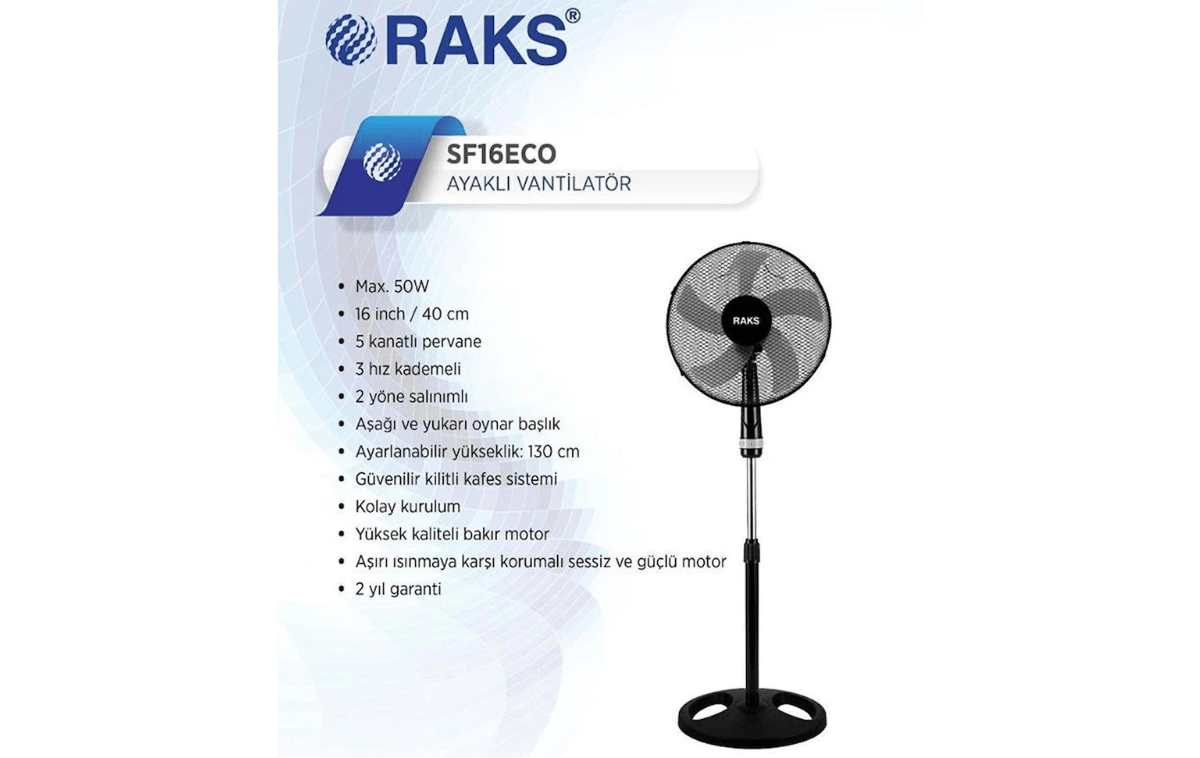 Raks Sf 16 Eco Salınım Özellikli 5 Kanatlı Ayaklı Vantilatör Siyah 50w