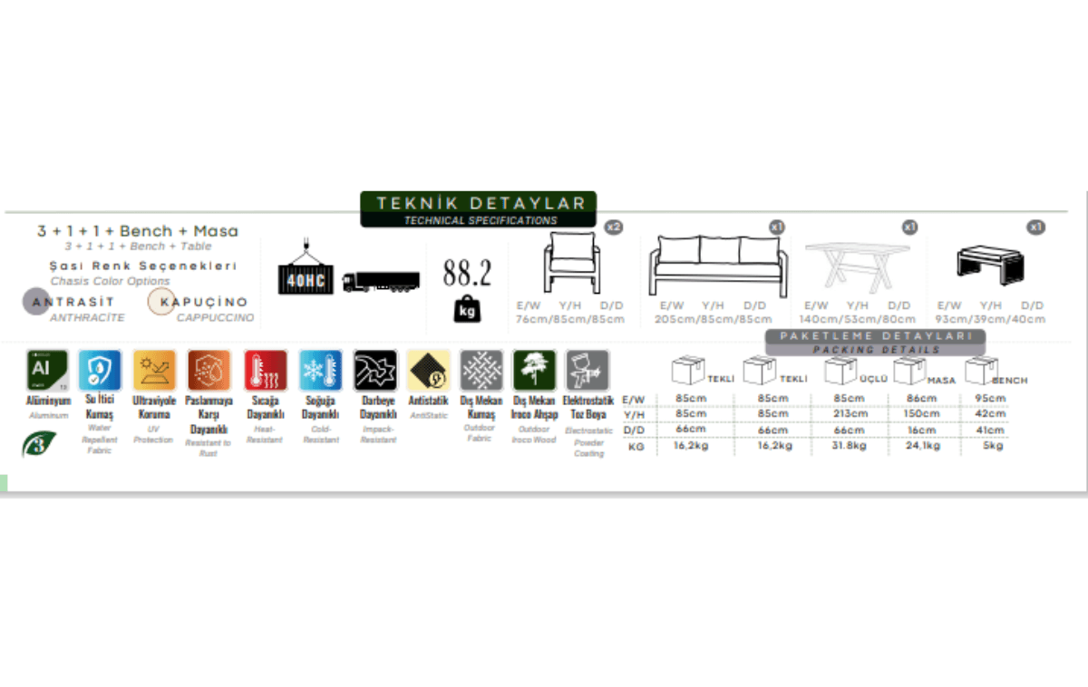 Pg Nevada Set 3+1+1+Masa+Bench Antrasit