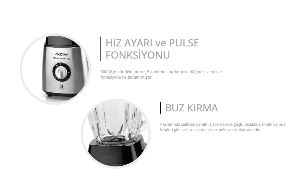 Arzum Ar1056 Maxıblend Glass Sürahi Blender Paslanmaz Çelik