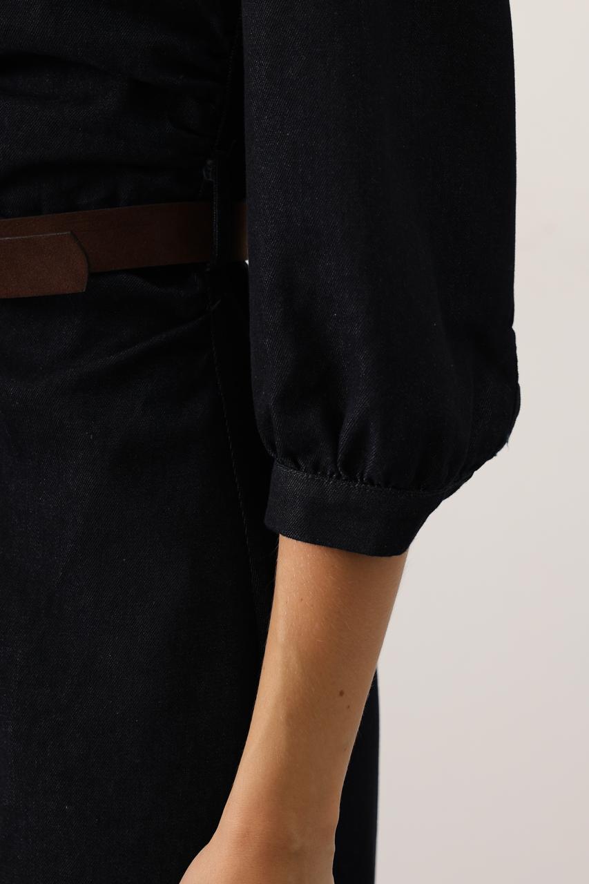 Kadın Kemerli Slim Fit Midi Kot Elbise Gömlek Yaka Düğme Detaylı Denim Elbise