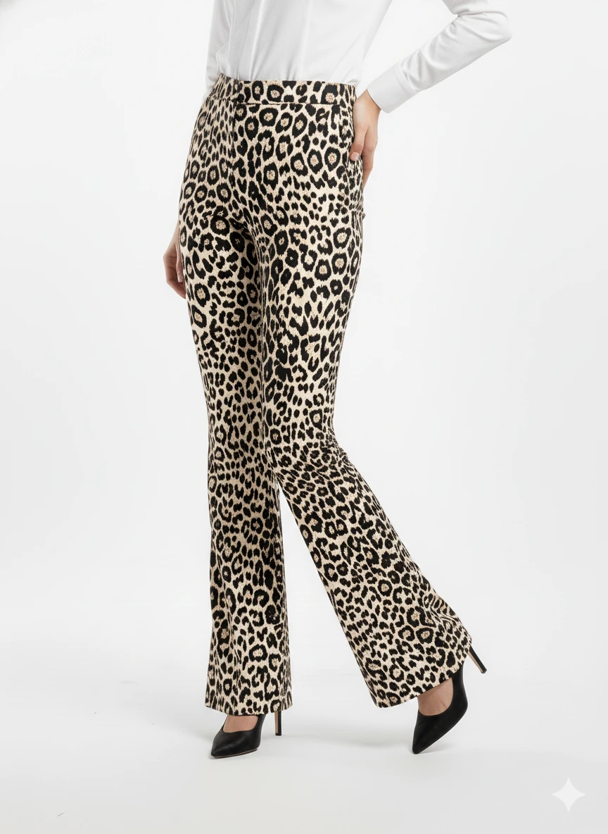 Leopar Desenli Yüksek Bel Geniş Paça Pantolon