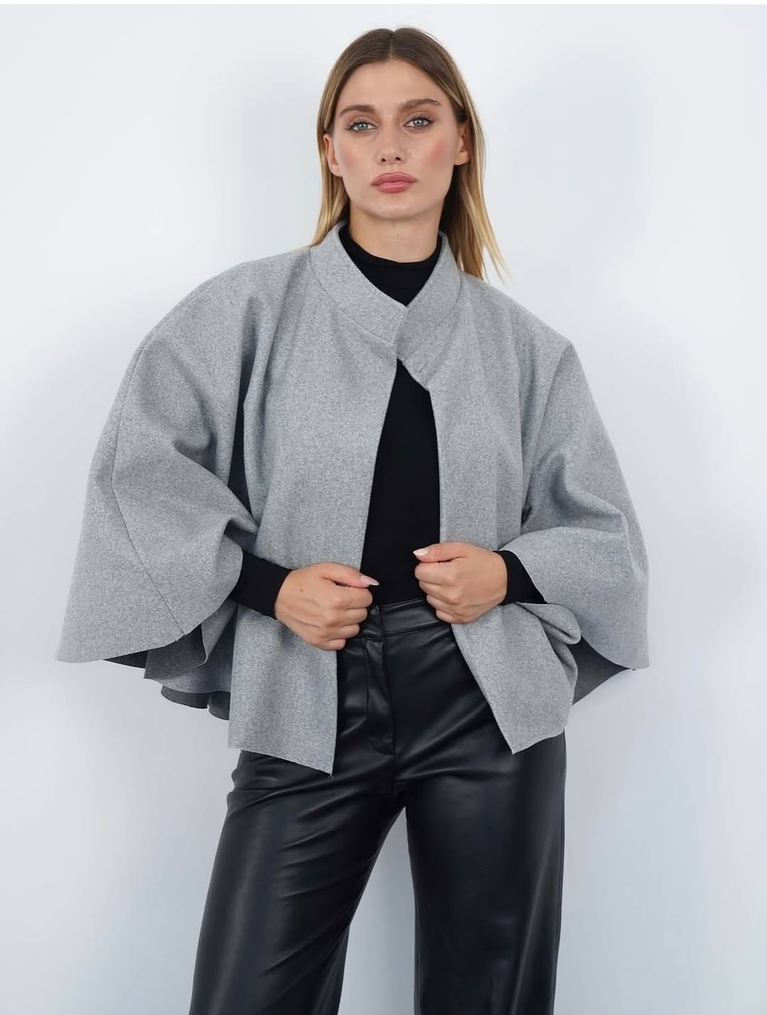 Pelerin Panço Kaban İnce Kaşe Kemer Hediyeli Gold Düğmeli - Gri