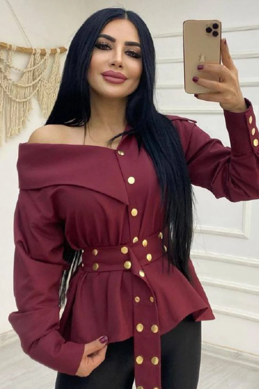 KADIN ARTiZON GENİŞ YAKA BELİNDE KUŞAK GÖMLEK - Bordo