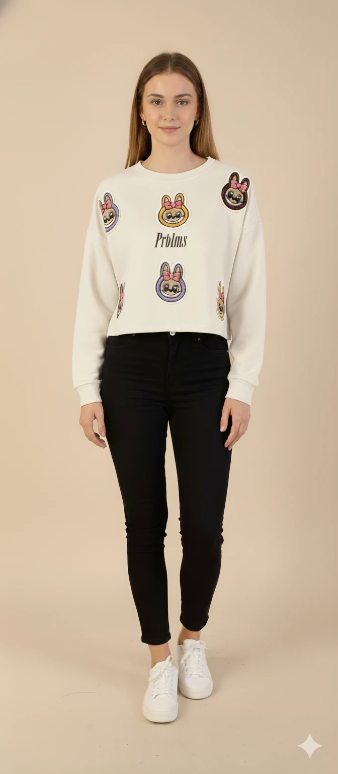 Kadın Labubu Karakter Yama Detaylı Crop Sweat Bisiklet Yaka Uzun Kollu Kısa Sweat - Ekru