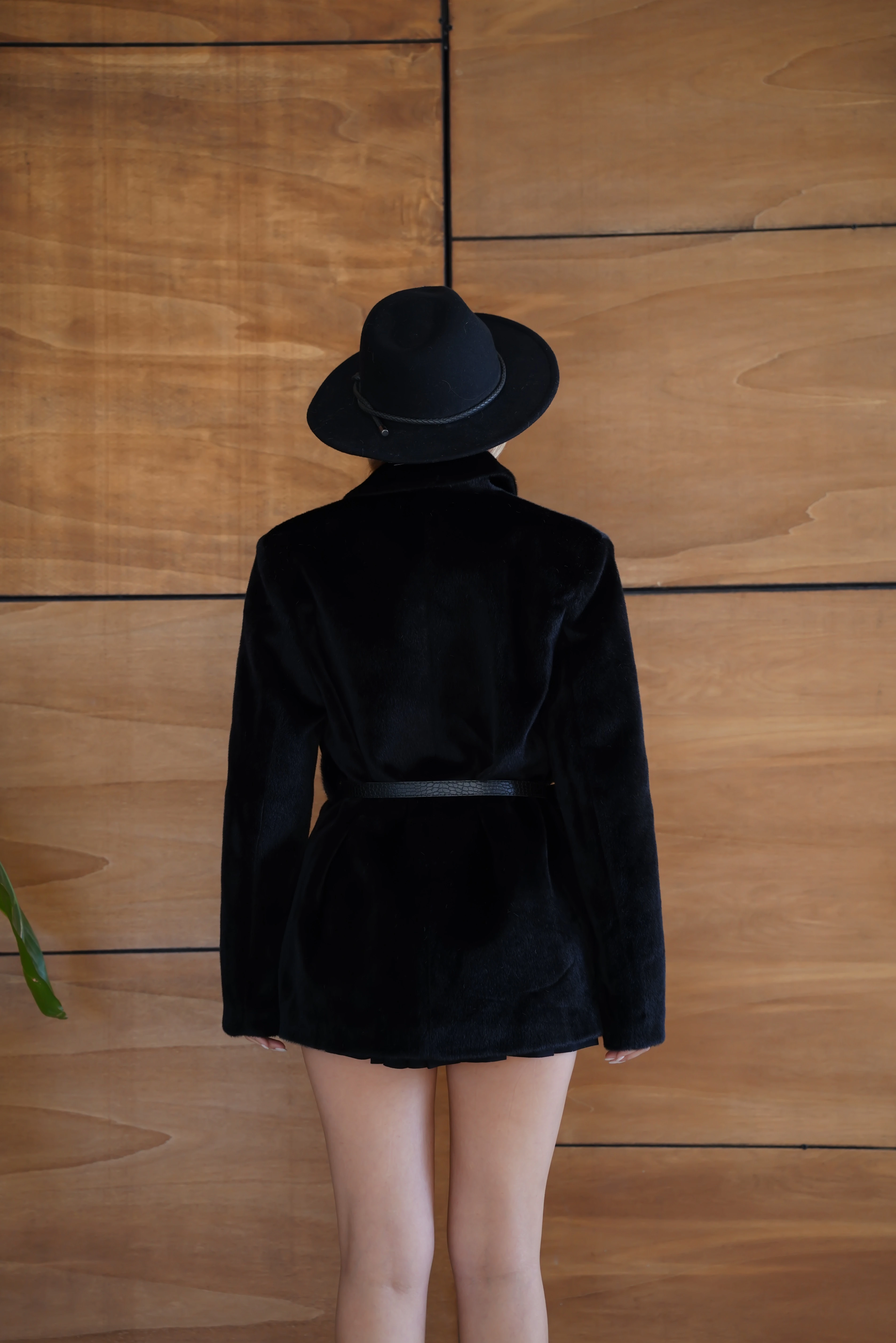 Suni Kürk Uzun Kollu Astarlı Blazer Ceket Kışlık Şık Kadın Peluş Ceket - Siyah