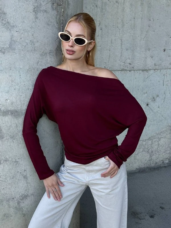 Yarasa Kol Geniş Yaka Siyah Bluz Bol Kesim Likralı Kumaş Düşük Omuz Üst - Bordo
