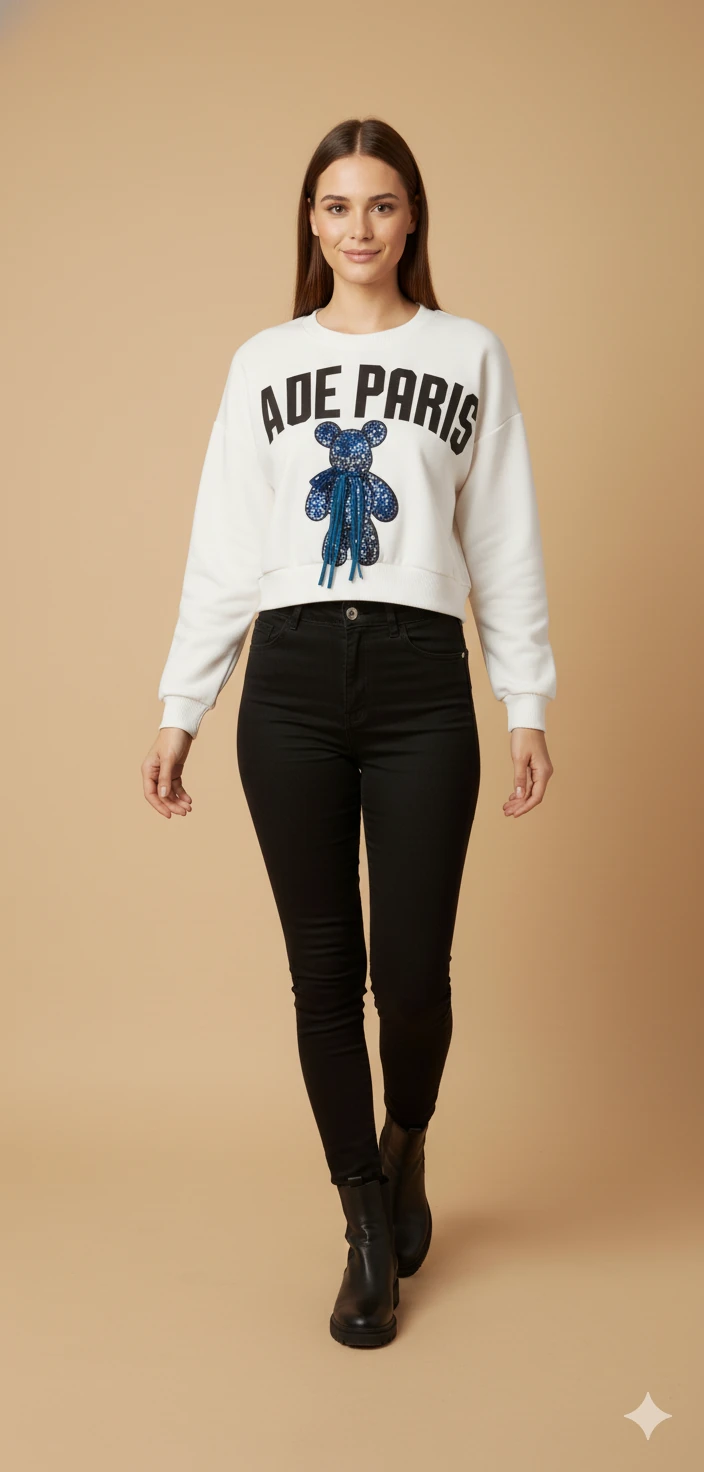 Kadın Ayı Figürlü Crop Sweat Payetli Teddy Bear İpli Detaylı Yazılı Yuvarlak Yaka Kısa Swat