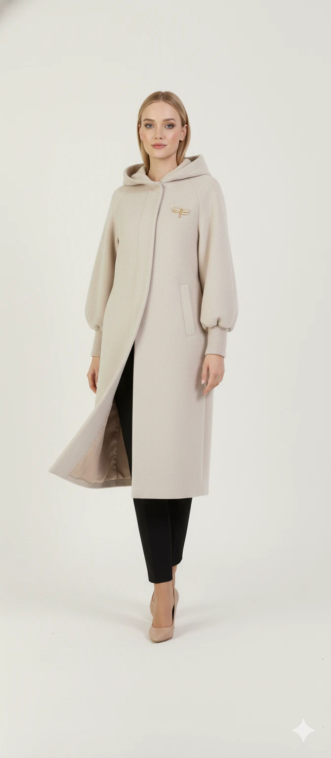 Kadın Gri Kapüşonlu Balon Kol Fermuarlı Kaban Oversize Midi Boy Kışlık Kaşe Mont - Taş