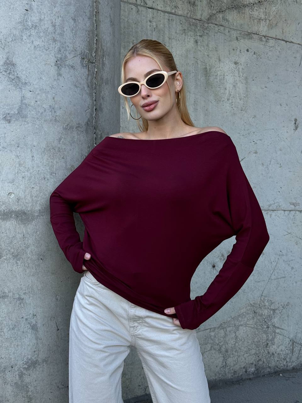 Yarasa Kol Geniş Yaka Siyah Bluz Bol Kesim Likralı Kumaş Düşük Omuz Üst - Bordo
