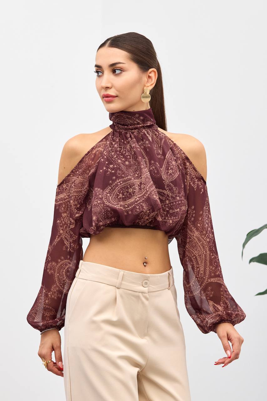 Bordo Omuzu Açık Belden Lastikli Bluz - Çok Renkli