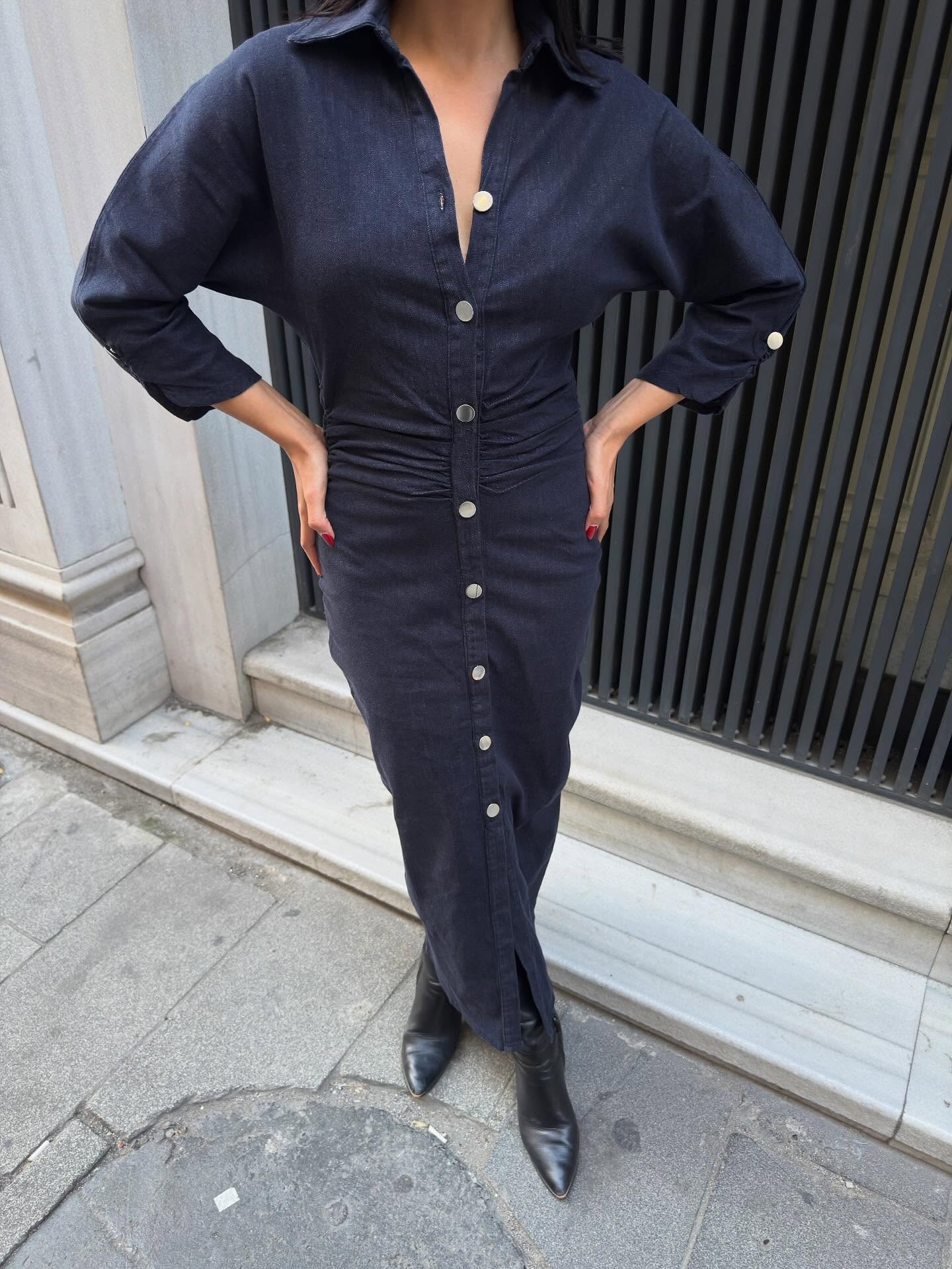 BELİ BÜZGÜLÜ KOT ELBİSE