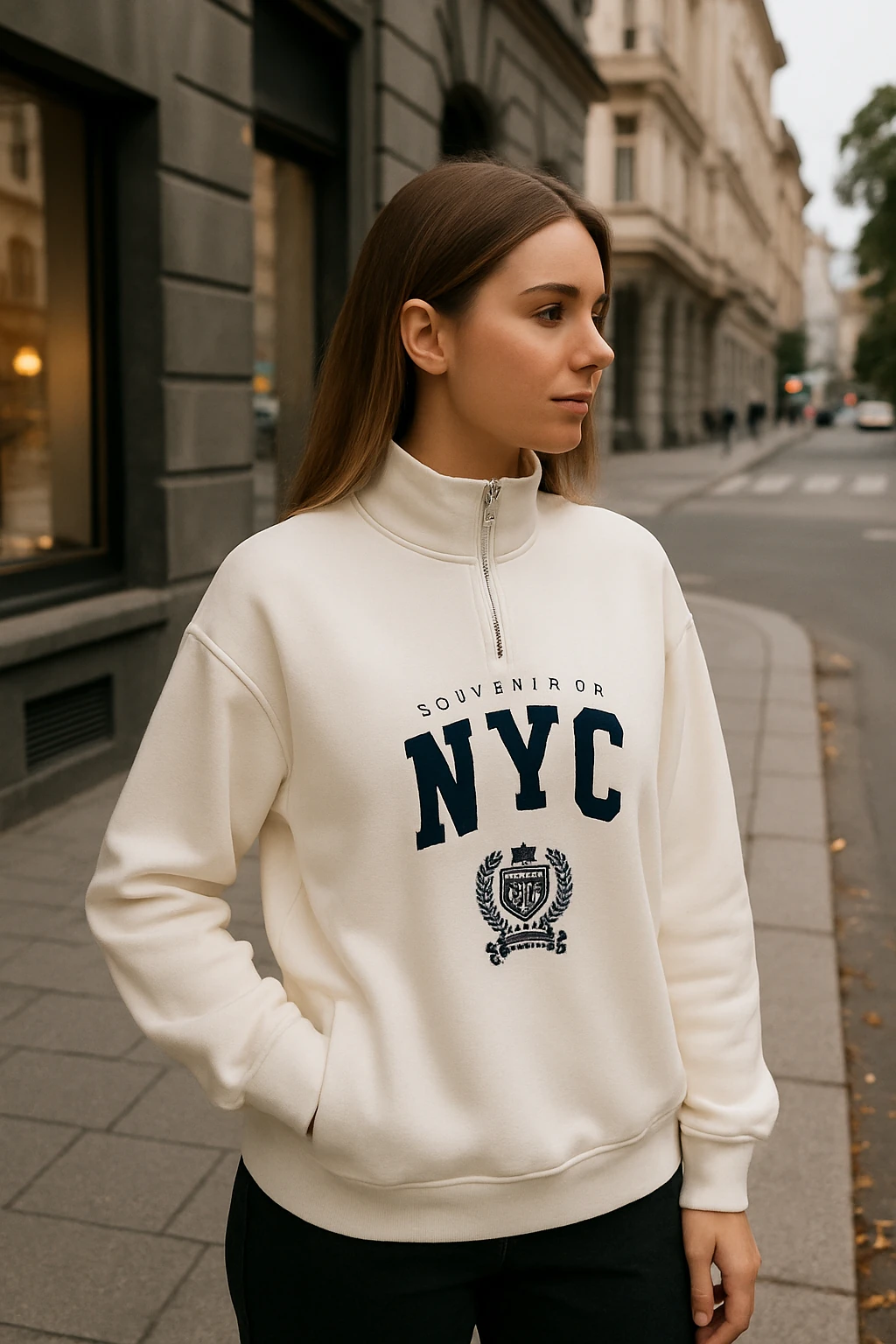 ÖNÜ FERMUARLI NYC BASKILI SWEAT