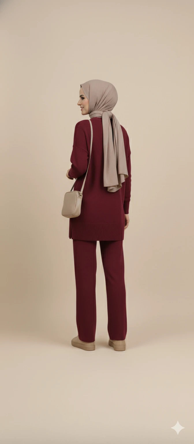 Triko Tunik Pantolon Tesettür Takım - Bordo