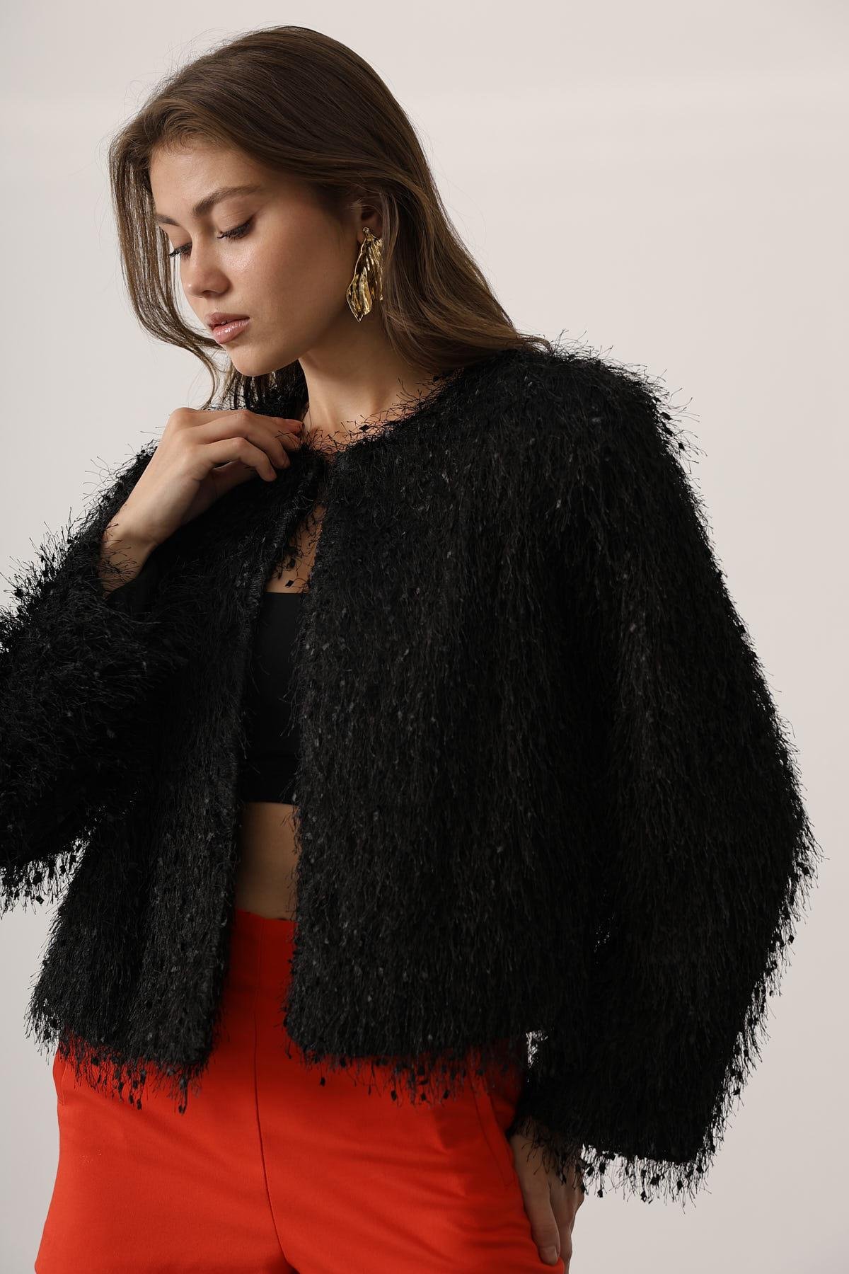 Kadın Bisiklet Yaka Astarlı Sakal İp Ceket