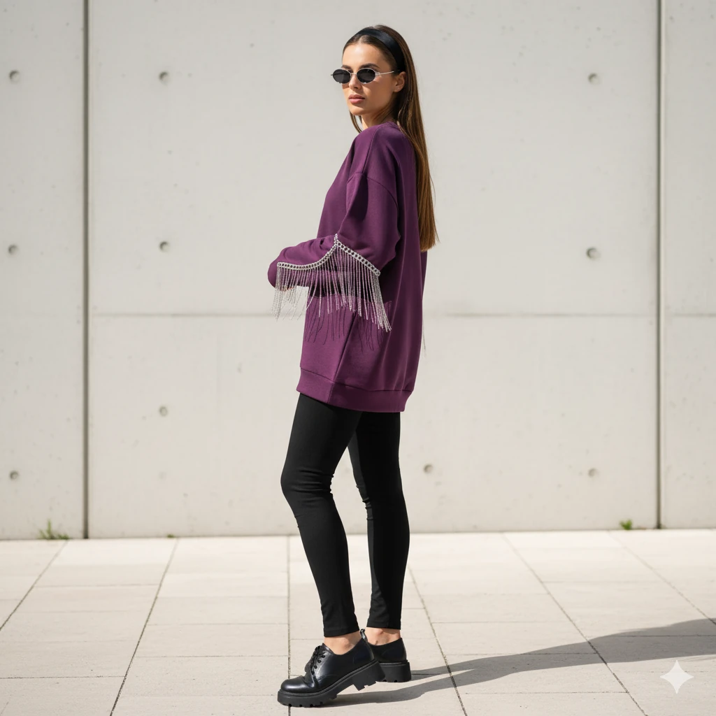 Püsküllü Uzun Kollu Sweat - Mürdüm