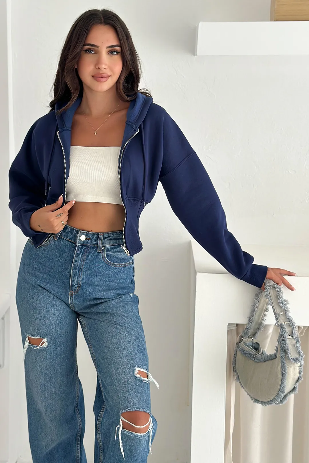 Kadın Siyah Fermuarlı Hoodie SWEAT – Minimal Sokak Ruhuyla - Lacivert
