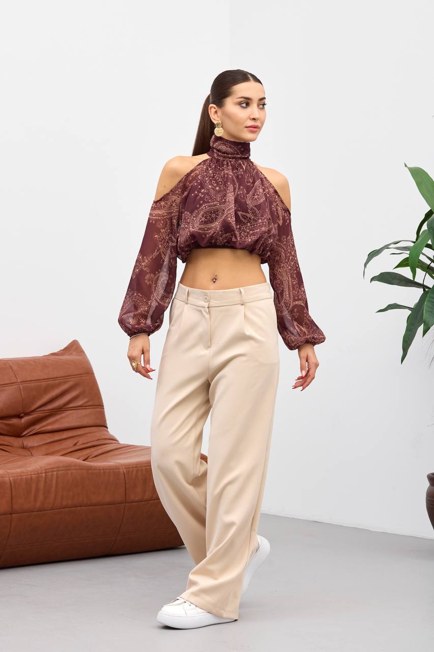 Bordo Omuzu Açık Belden Lastikli Bluz - Çok Renkli