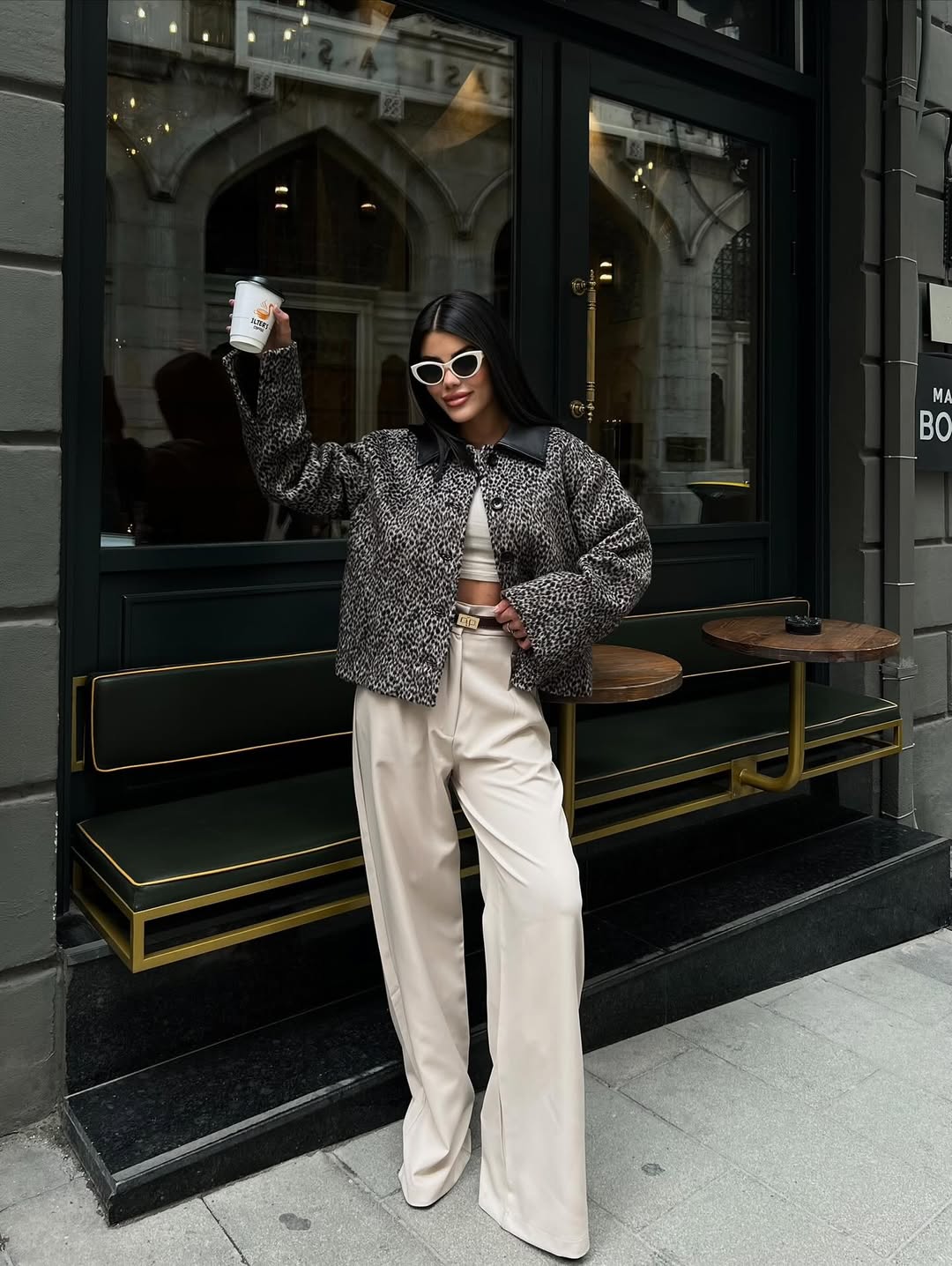 Cemo Leopar Desenli Kaşe Kısa Kaban Ceket