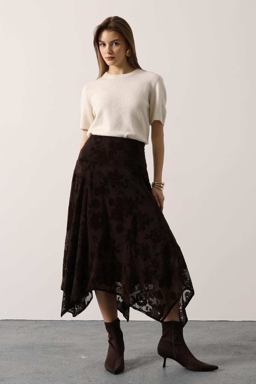 ASİMETRSİK KESİM GÜL NAKISLI ETEK - Kahverengi