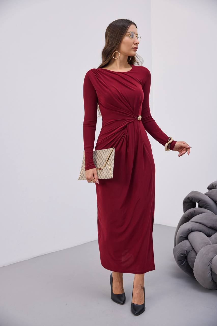 BELİ BÜZGÜLÜ TOKALI ELBİSE - Bordo