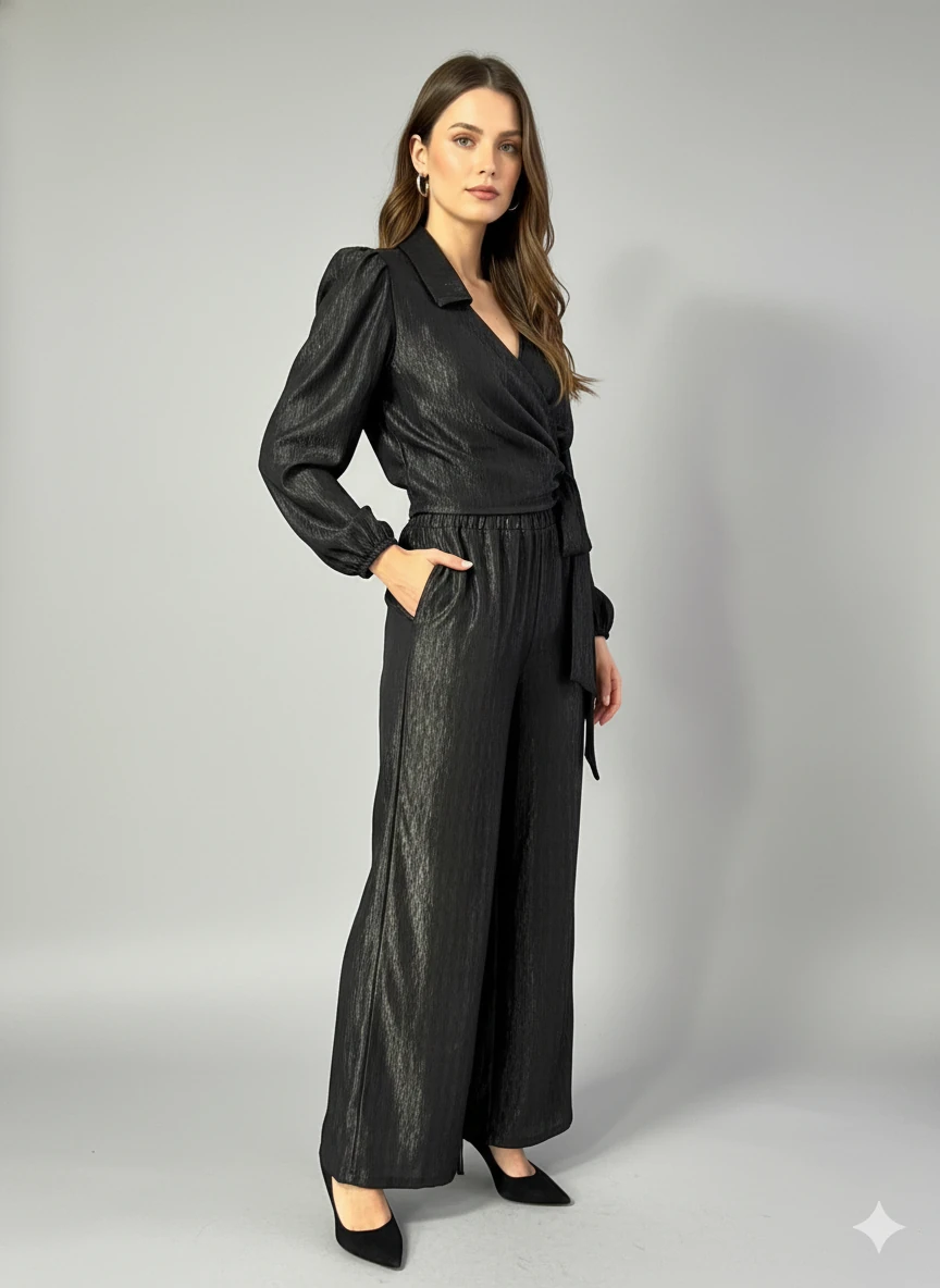 Kadın Kruvaze Bluz ve Geniş Paça Pantolon İkili Takım Bürümcük Kumaş Şık Set