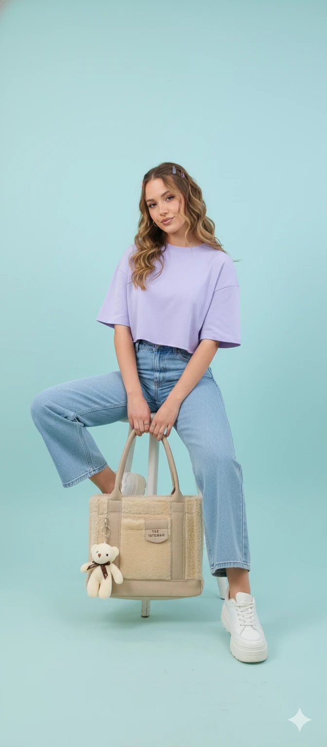 Kürk ve Teddy Ayıcıklı Tüylü Mini Tote Çanta - Bej