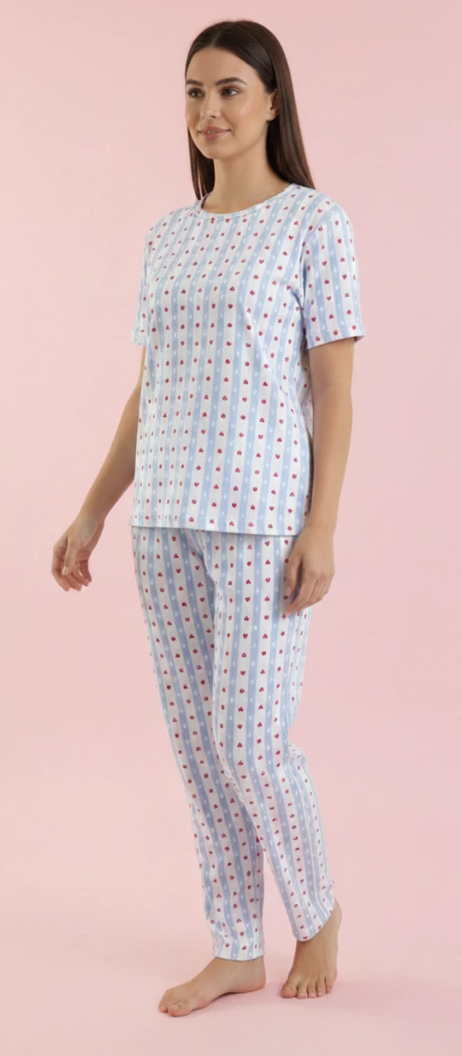 Kalp Baskılı Çizgili Kısa Kollu Pijama TakımI