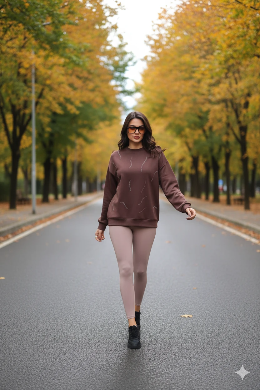 Cemo Günlük Uzun Kollu Bisiklet Yaka Basic Bluz/Sweatshirt - Kahverengi