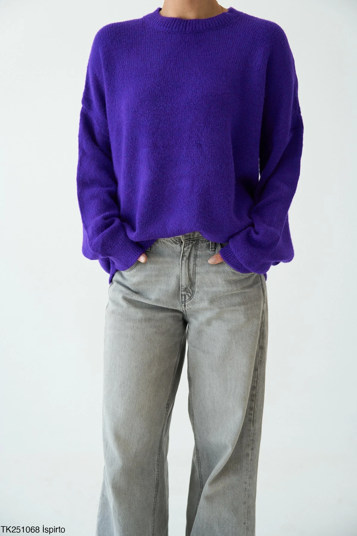 Bisiklet Yaka Oversize Triko Kazak - Mor