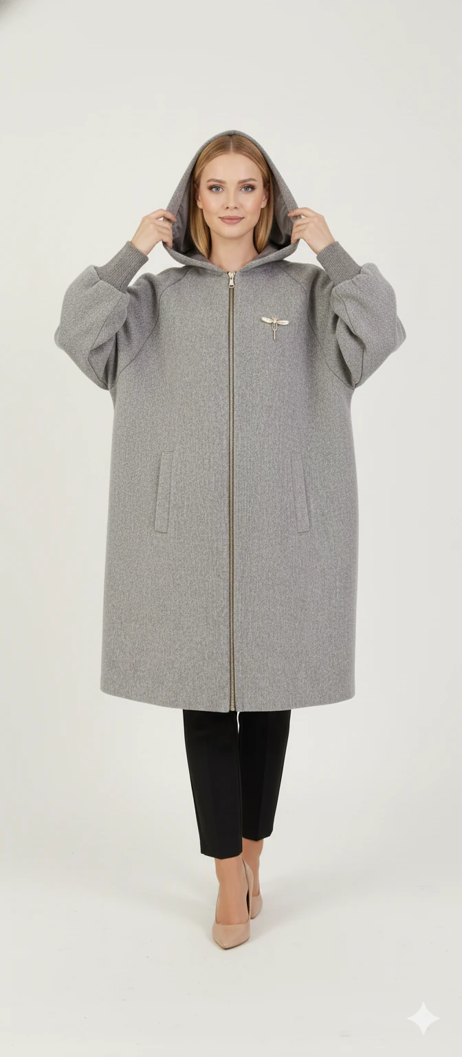 Kadın Gri Kapüşonlu Balon Kol Fermuarlı Kaban Oversize Midi Boy Kışlık Kaşe Mont - Gri