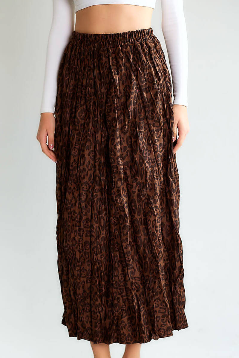 Kadın Leopar Desenli Lastikli Bel Büzgülü Saten Midi Etek Uzun Boy Şık Etek