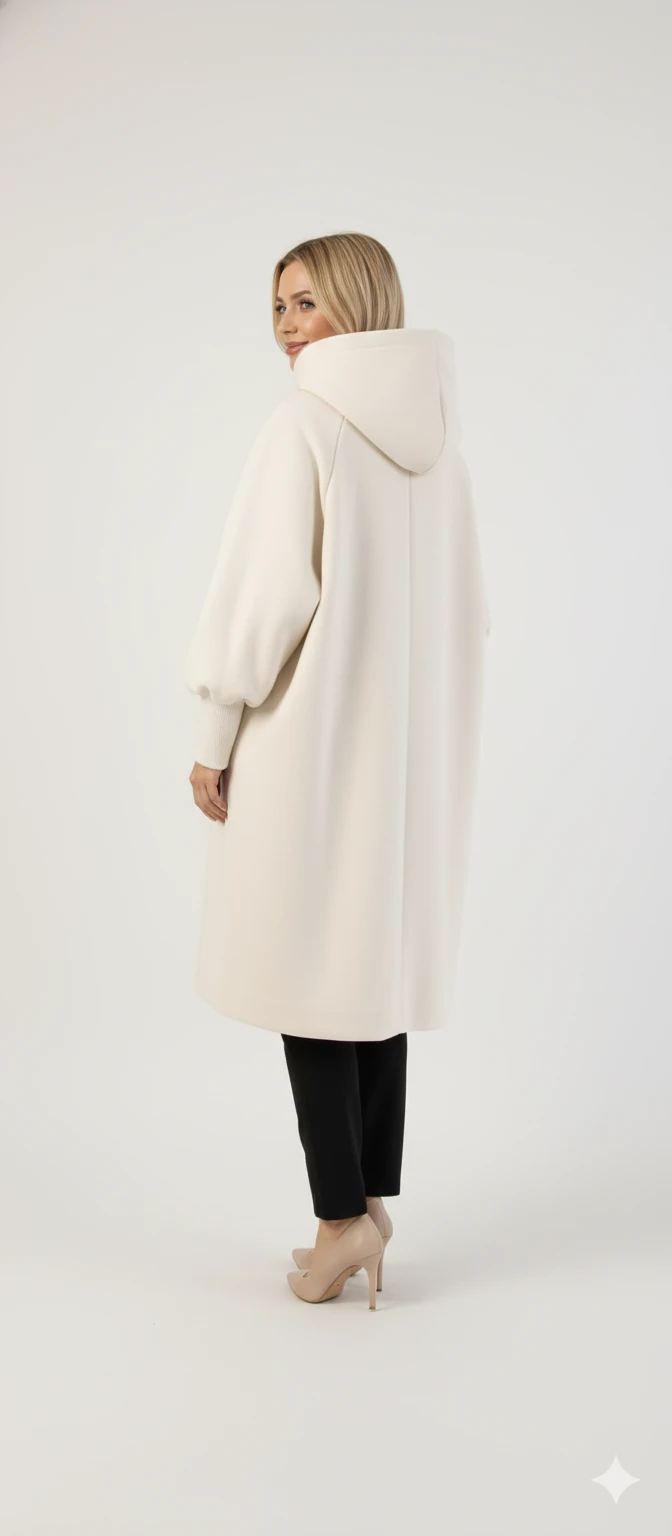 Kadın Gri Kapüşonlu Balon Kol Fermuarlı Kaban Oversize Midi Boy Kışlık Kaşe Mont - Bej