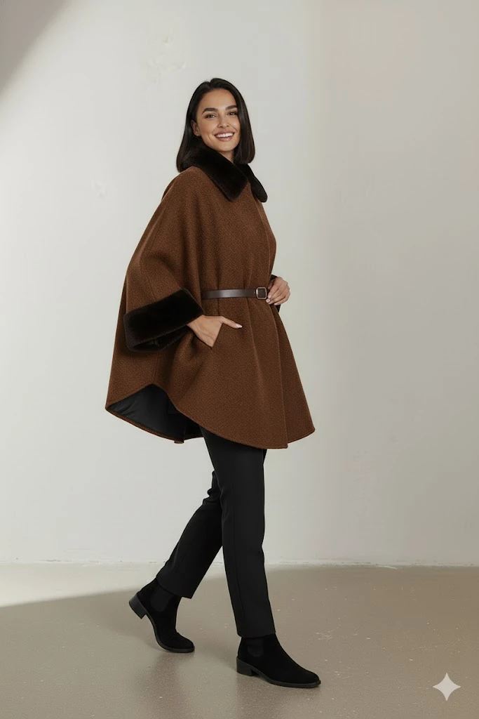 Kadın Kürk Yaka Manşet Detaylı Panço Kaban Kemerli Pelerin Ceket Kaşe - Kahverengi