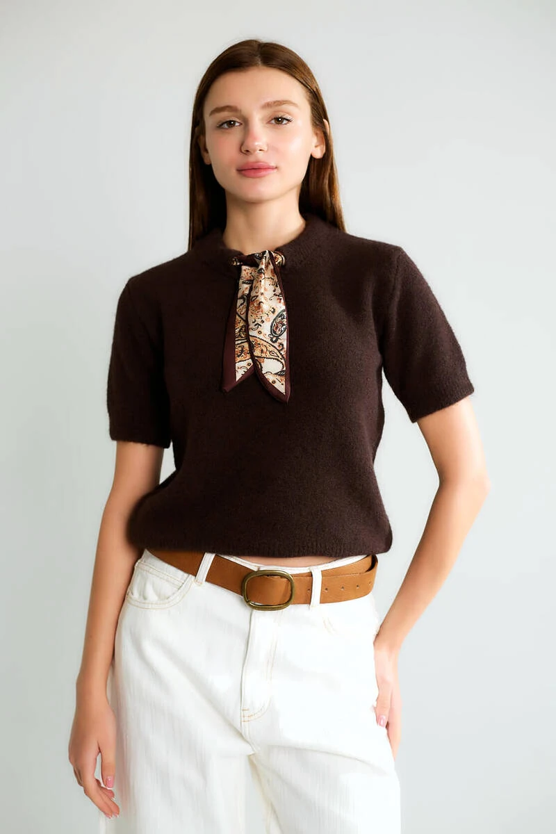 Cemo Basic Yarım Boğazlı Kısa Kollu Kaşmir Görünümlü Triko