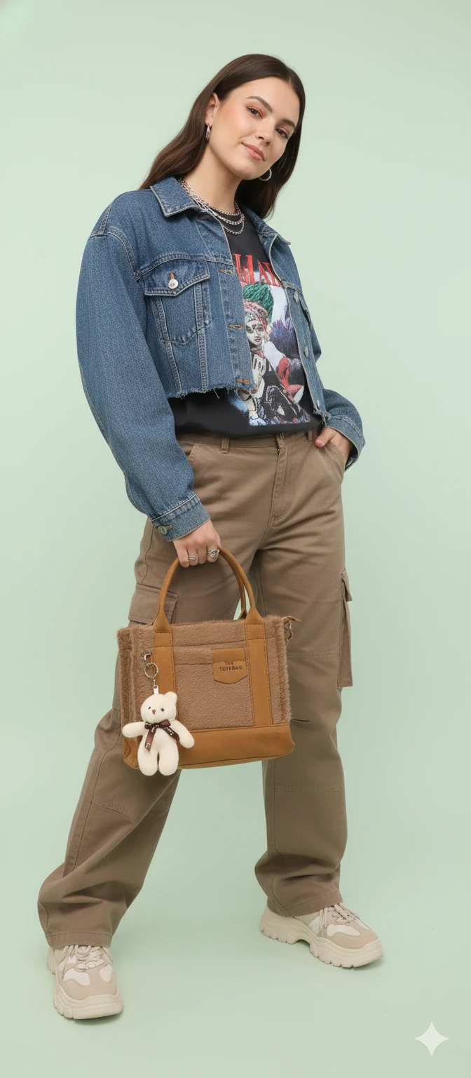 Kürk ve Teddy Ayıcıklı Tüylü Mini Tote Çanta - Kahverengi