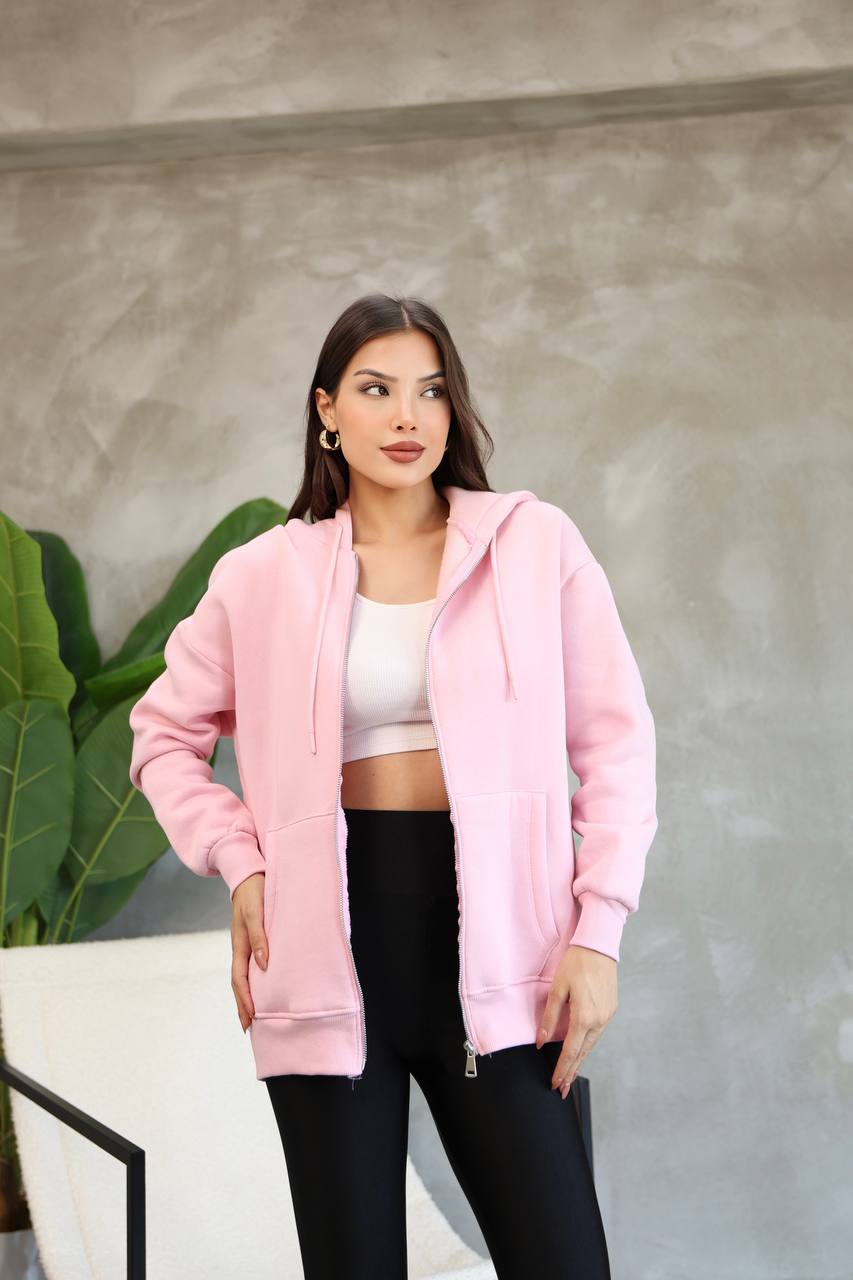 Kadın Genç Unisex Cepli Kapüşonlu Fermuarlı Sweatshirt Hırka - Pembe