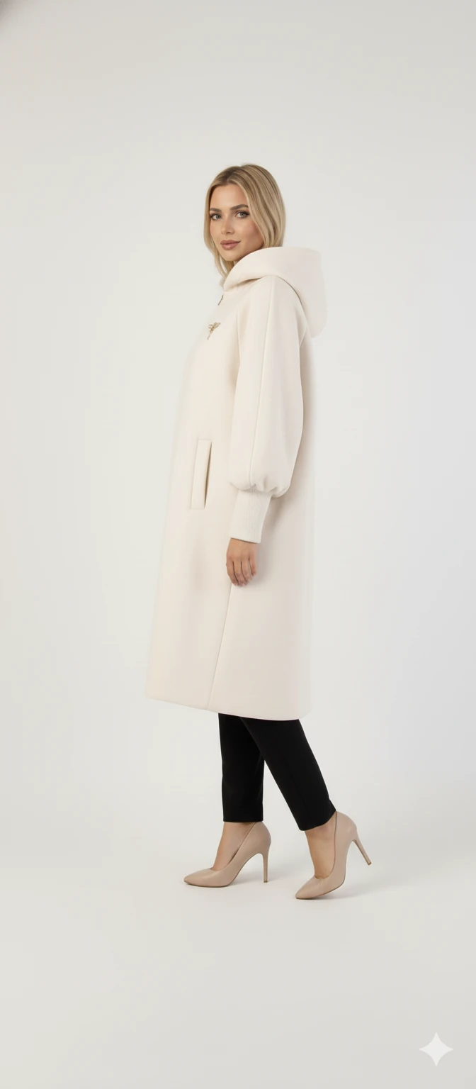 Kadın Gri Kapüşonlu Balon Kol Fermuarlı Kaban Oversize Midi Boy Kışlık Kaşe Mont - Bej