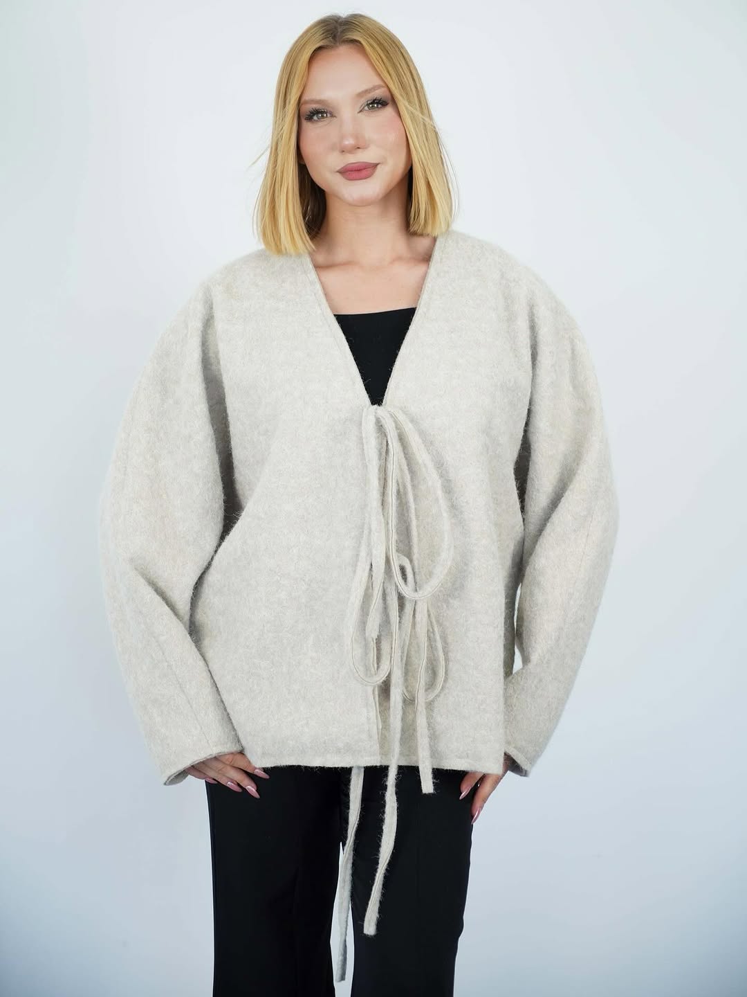 Bağlamalı Kaşe Ceket Hırka - Taş